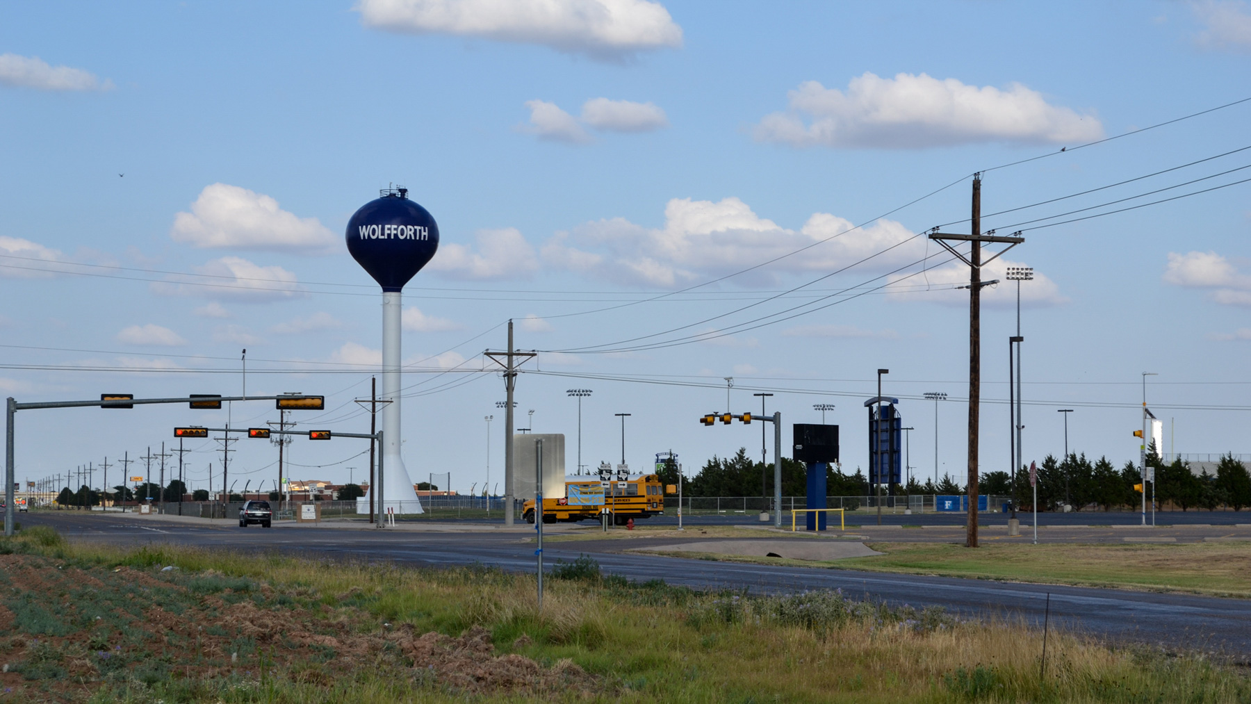 The water tower is one of the tallest structures in Wolfforth, Texas, a suburb of Lubbock. The city of 4,400 is growing, which helps fund projects like its water system upgrade. (Elizabeth Sims/News21)
